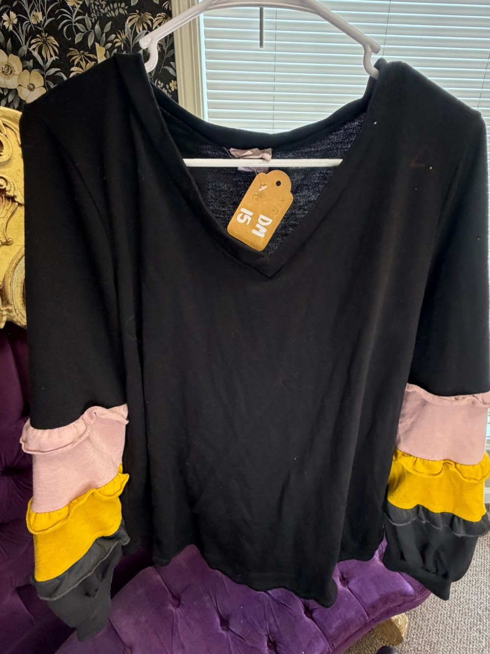 BiBi Black V-Neck Sweatshirt with Pink and Yellow Ruffle Sleeves